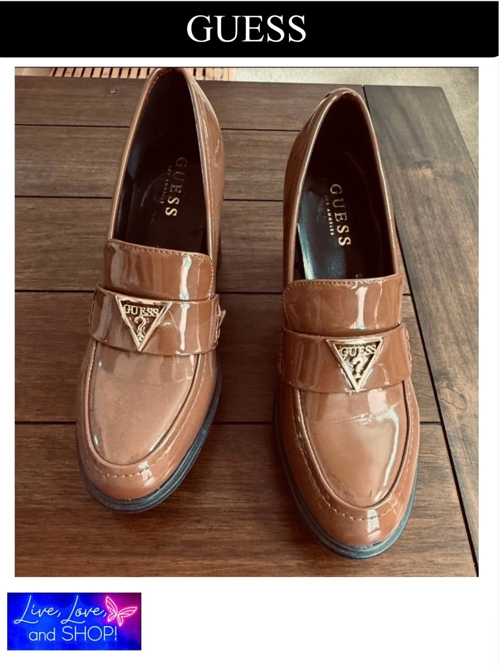 GUESS Patent Leather Loafers in Cognac w/Iconic GUESS Logo & Golden Hardware,EUC